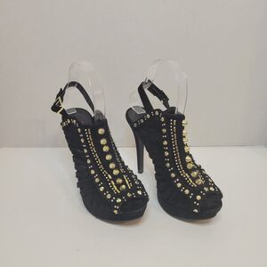 JustFab Black Gold Studded Peep Toe Heels Women’s Size 6.5 Slingback Platform...